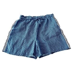 JW LA (JOHNNY WAS) LINEN SHORTS, WOMEN-L-BLUE & WHITE CIRCULAR PATT, SIDE STRIPE
